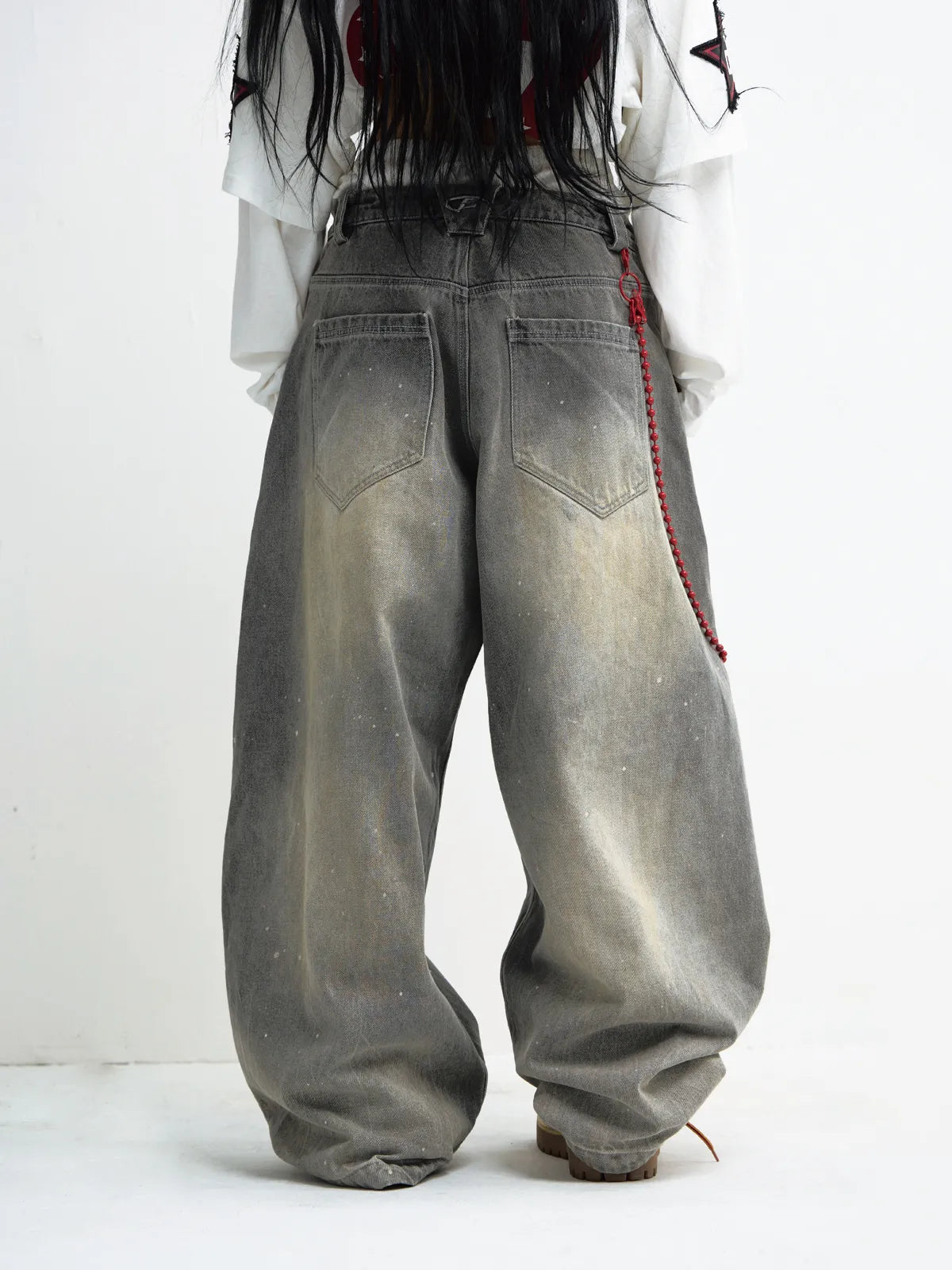 PeopleStyle Vintage Ink-Splatter Grey Wide-Leg Jeans