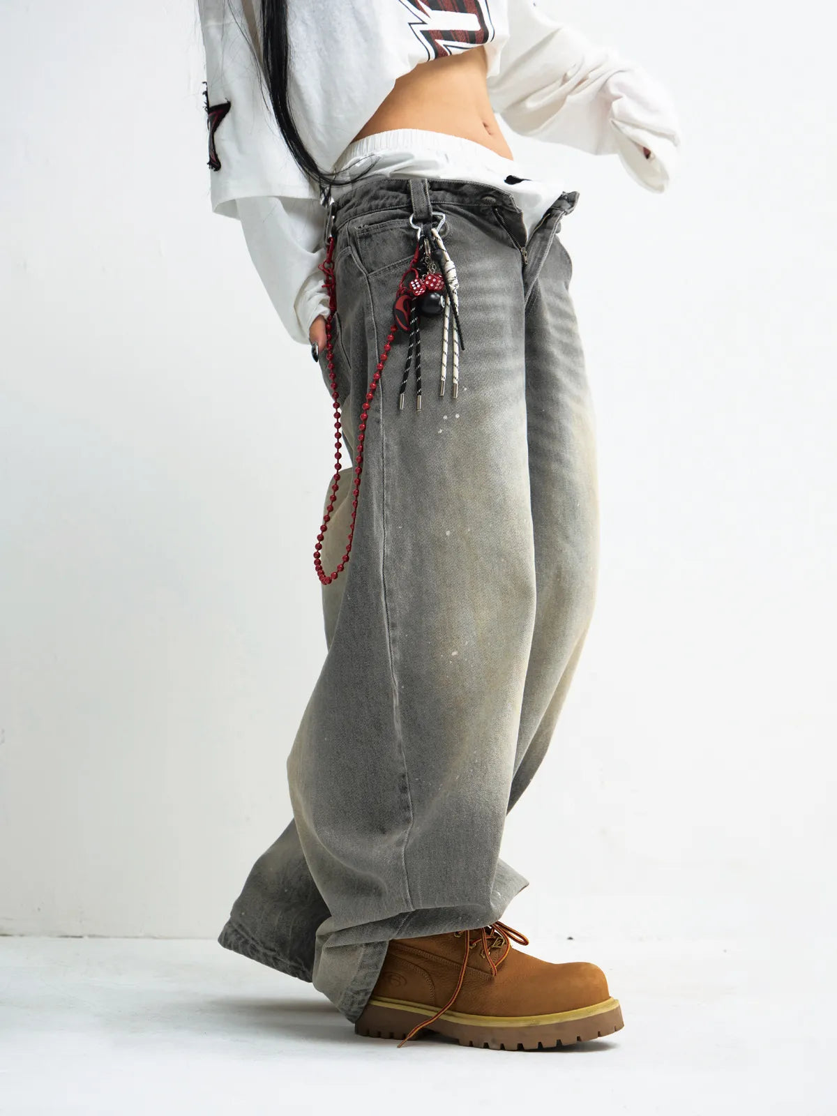 PeopleStyle Vintage Ink-Splatter Grey Wide-Leg Jeans