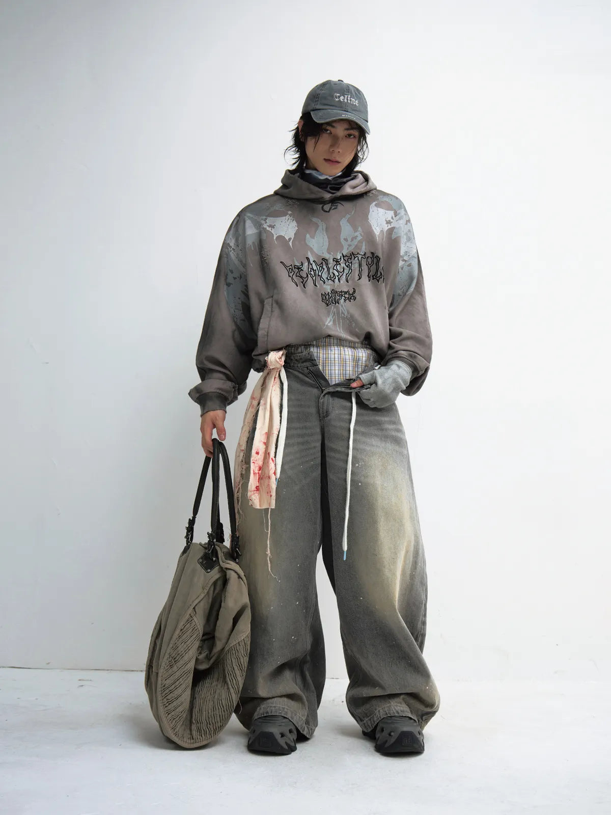 PeopleStyle Vintage Ink-Splatter Grey Wide-Leg Jeans