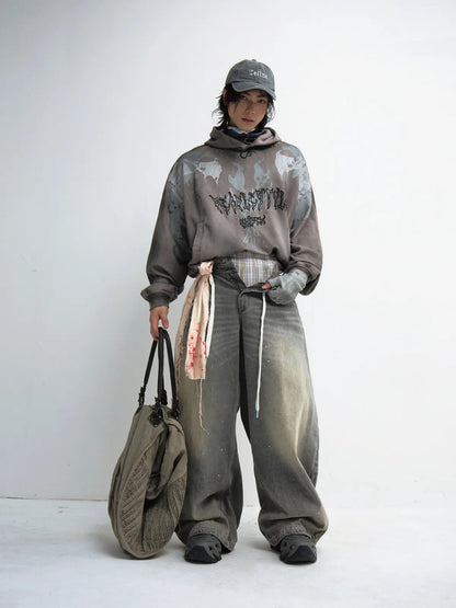 PeopleStyle Vintage Ink-Splatter Grey Wide-Leg Jeans
