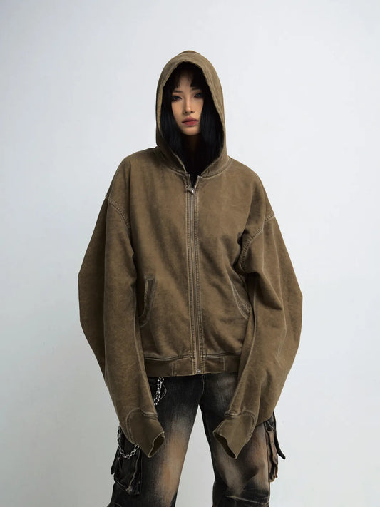 PeopleStyle Vintage Knit Zip Up Hoodie Brown