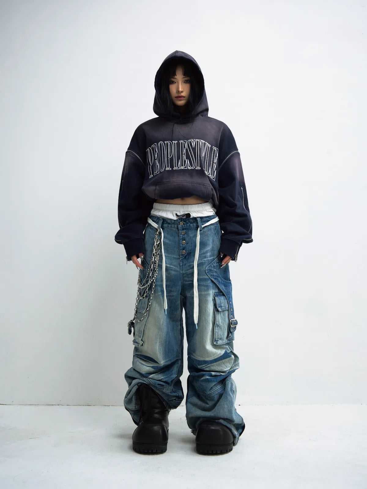 PeopleStyle Vintage Wash Pleated Wide Leg Jeans