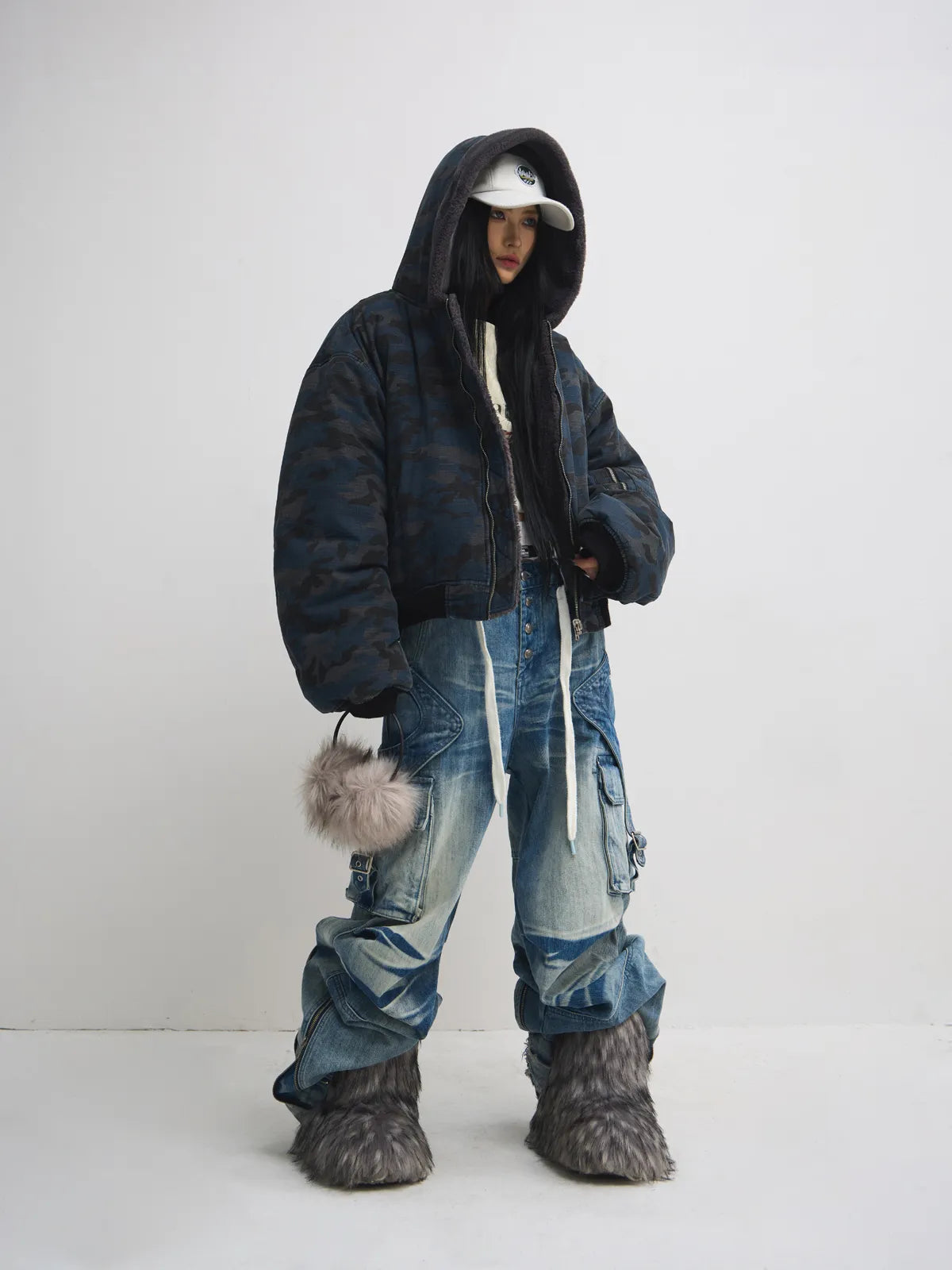 PeopleStyle Vintage Wash Pleated Wide Leg Jeans