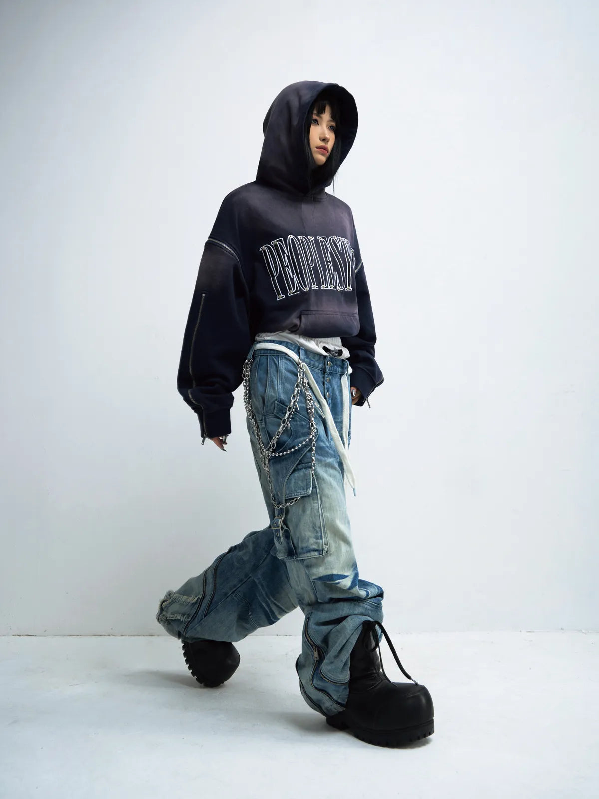PeopleStyle Vintage Wash Pleated Wide Leg Jeans